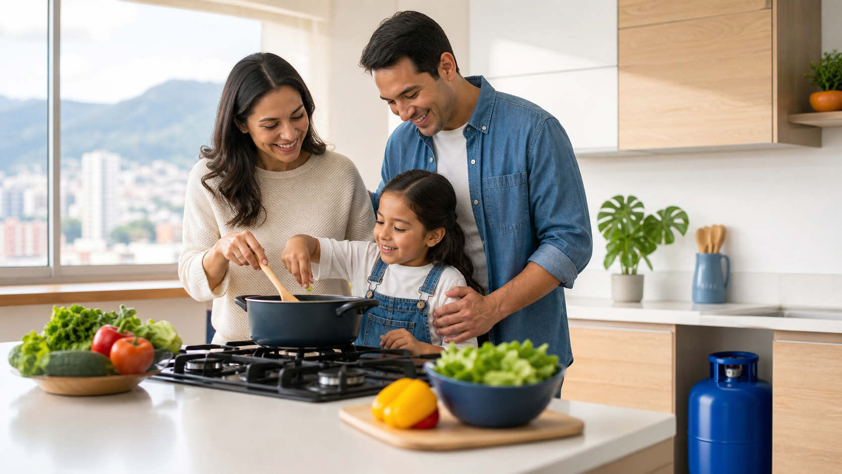 Familia cocinando con gas GLP en el hogar